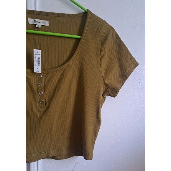 Madewell Womens Medium Mustard Green Shirt Deep Plunge Neck Cropped Top - Picture 4 of 7